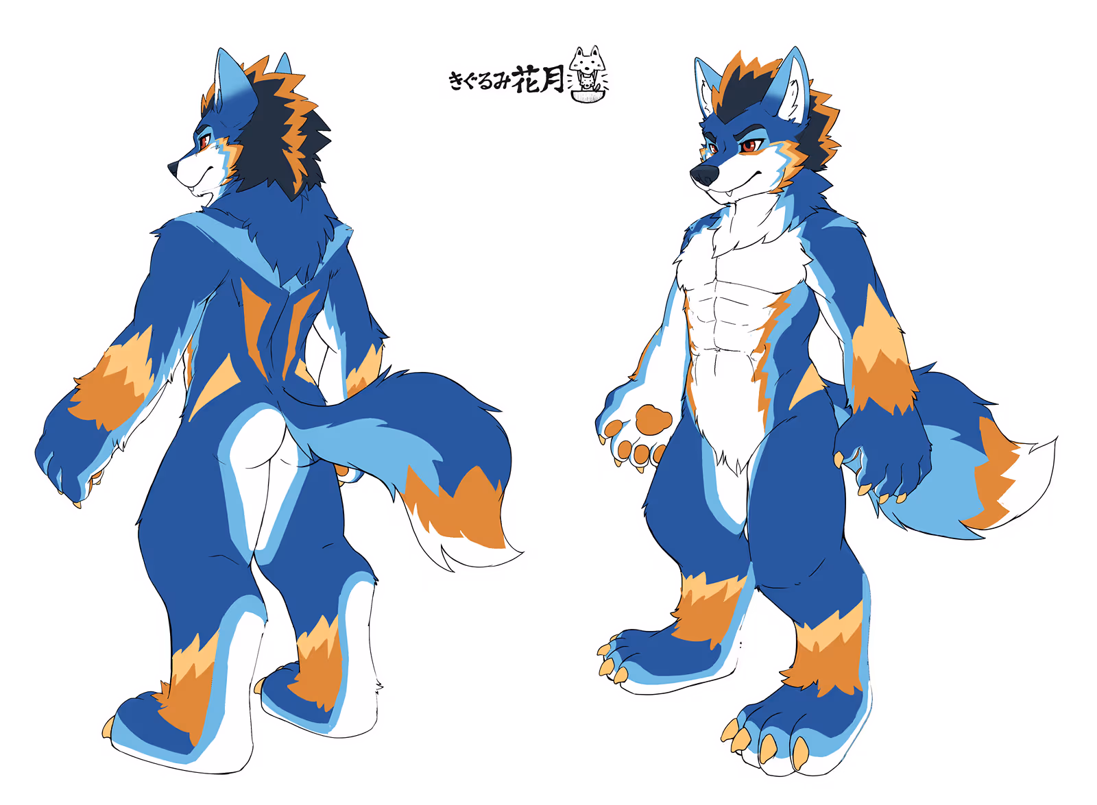 Wefewence image fow da bwue wowf chawactew with cyan, owange, and yewwow mawking. Both back and fwont views awe shown.