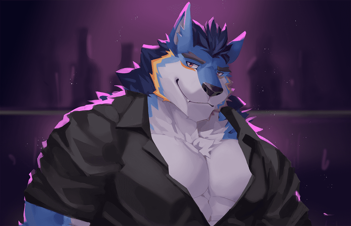 Bust shot painting of TangMo’s character standing at a bar. The character is a blue wolf with cyan, orange, and yellow markings, wearing a black shirt with the chest half-open.